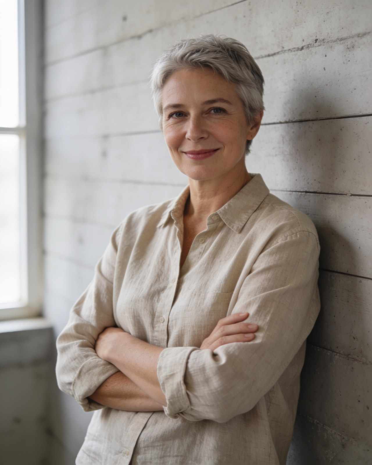 Ada Pell, a woman in her fifties with short grey hair and a linen shirt, against a concrete wall