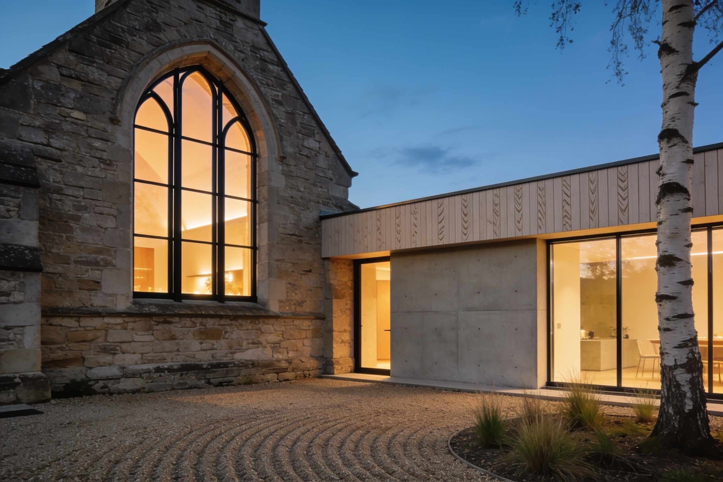 After: the stone chapel at dusk, its tall arched window re-glazed in black steel and glowing, joined to a new low concrete-and-timber wing round a gravel courtyard with a birch