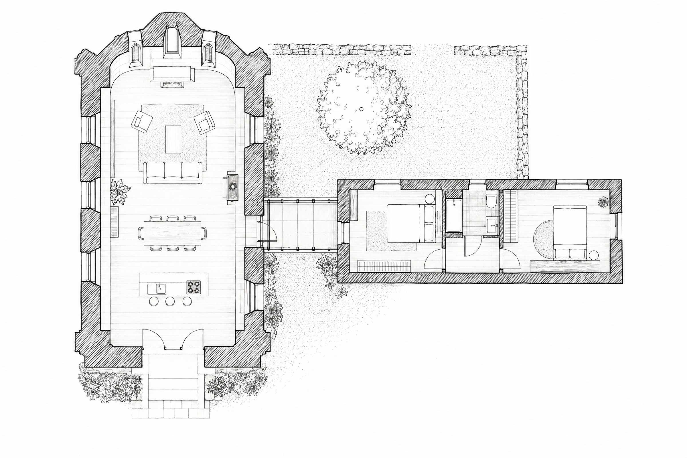An ink plan of the chapel as one open hall, linked by a glazed passage to the new wing round a courtyard