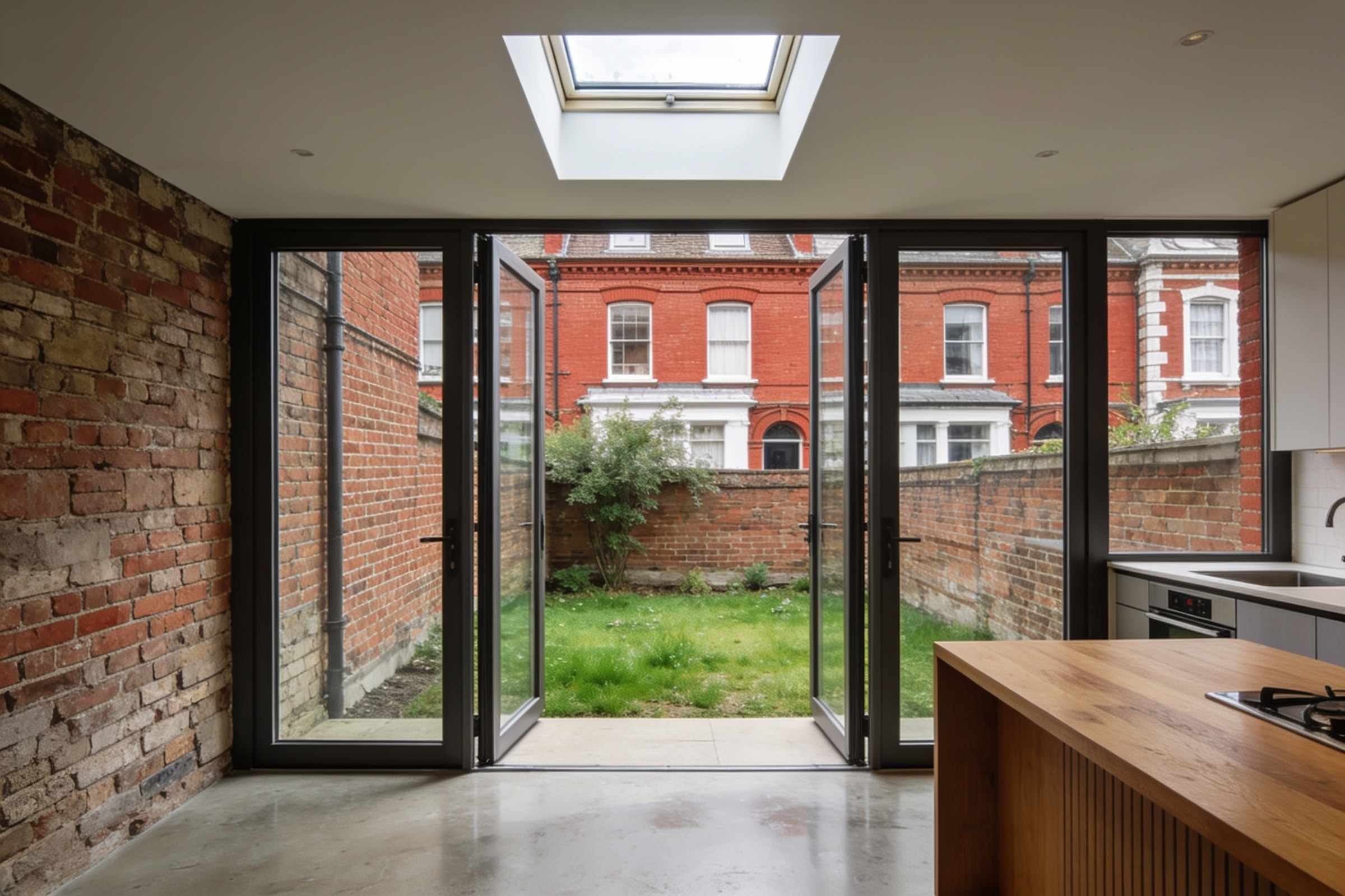 Inside a glazed rear extension to a red-brick Victorian terrace: exposed brick, an oak worktop, a roof light and doors open to the garden