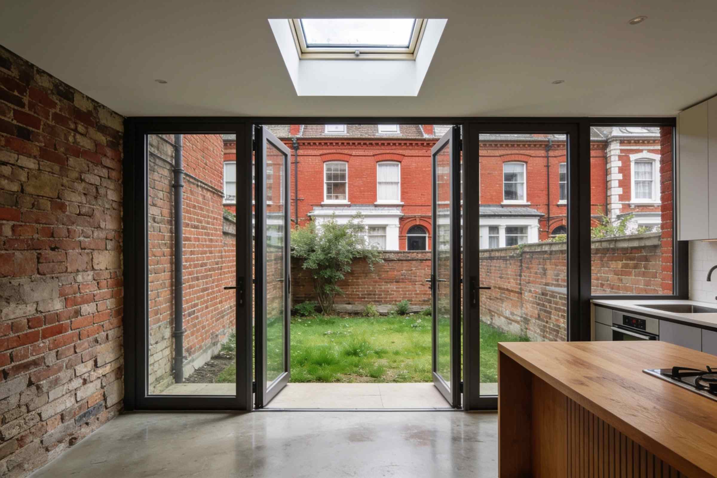 Inside a glazed rear extension to a red-brick Victorian terrace: exposed brick, an oak worktop, a roof light and doors open to the garden