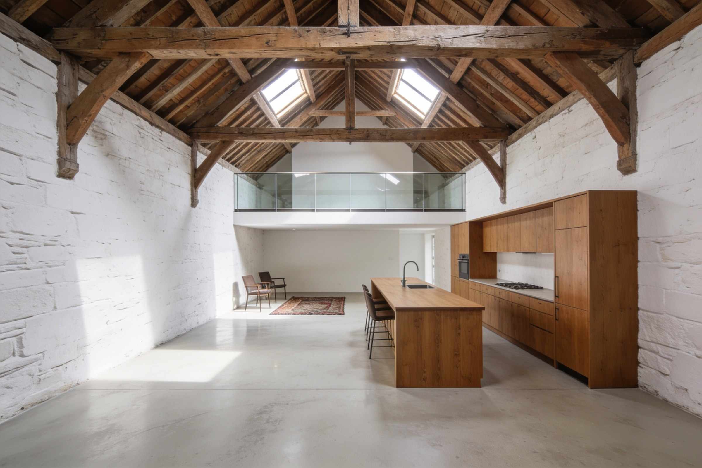 After: the loft as a home, white lime walls, a polished concrete floor, a long oak kitchen and a mezzanine under the oak trusses