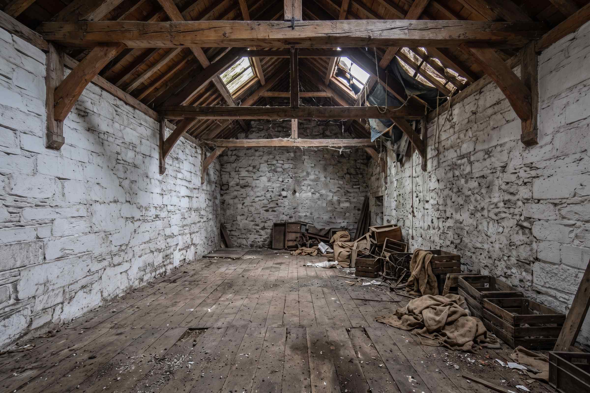 Before: the empty loft of a stone granary under oak trusses, dusty boards, old sacks and a broken roof light