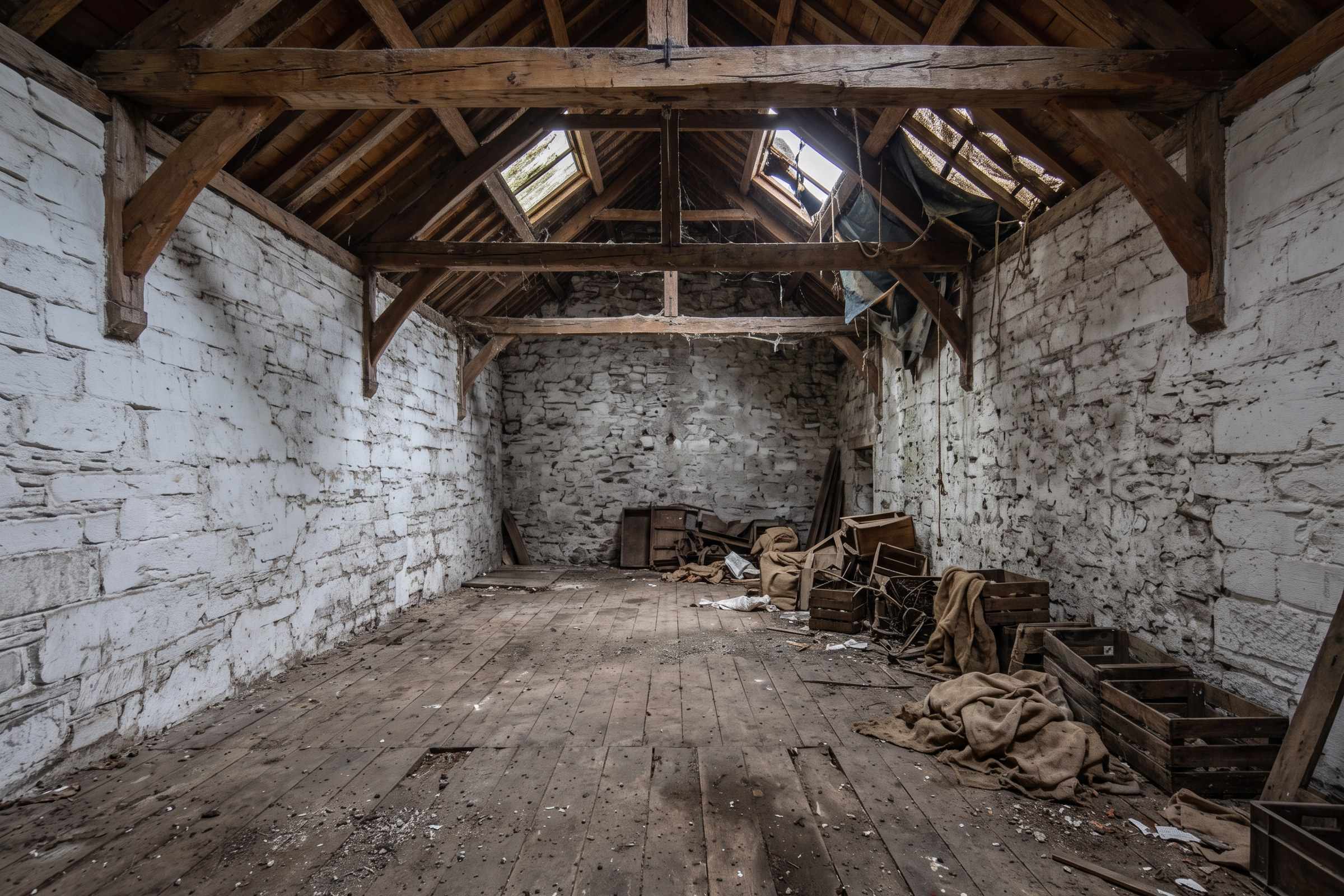 Before: the empty loft of a stone granary under oak trusses, dusty boards, old sacks and a broken roof light