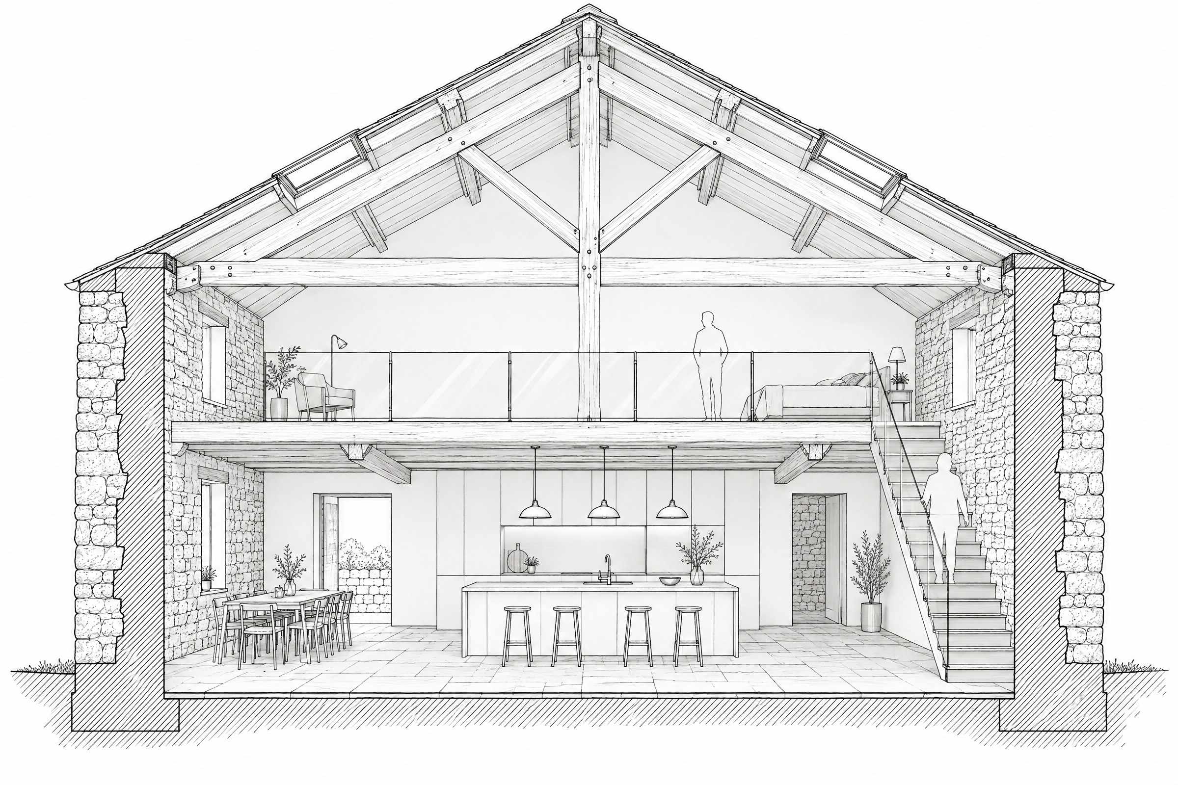 An ink section through the granary: thick stone walls, king-post trusses, roof lights and the mezzanine over the kitchen