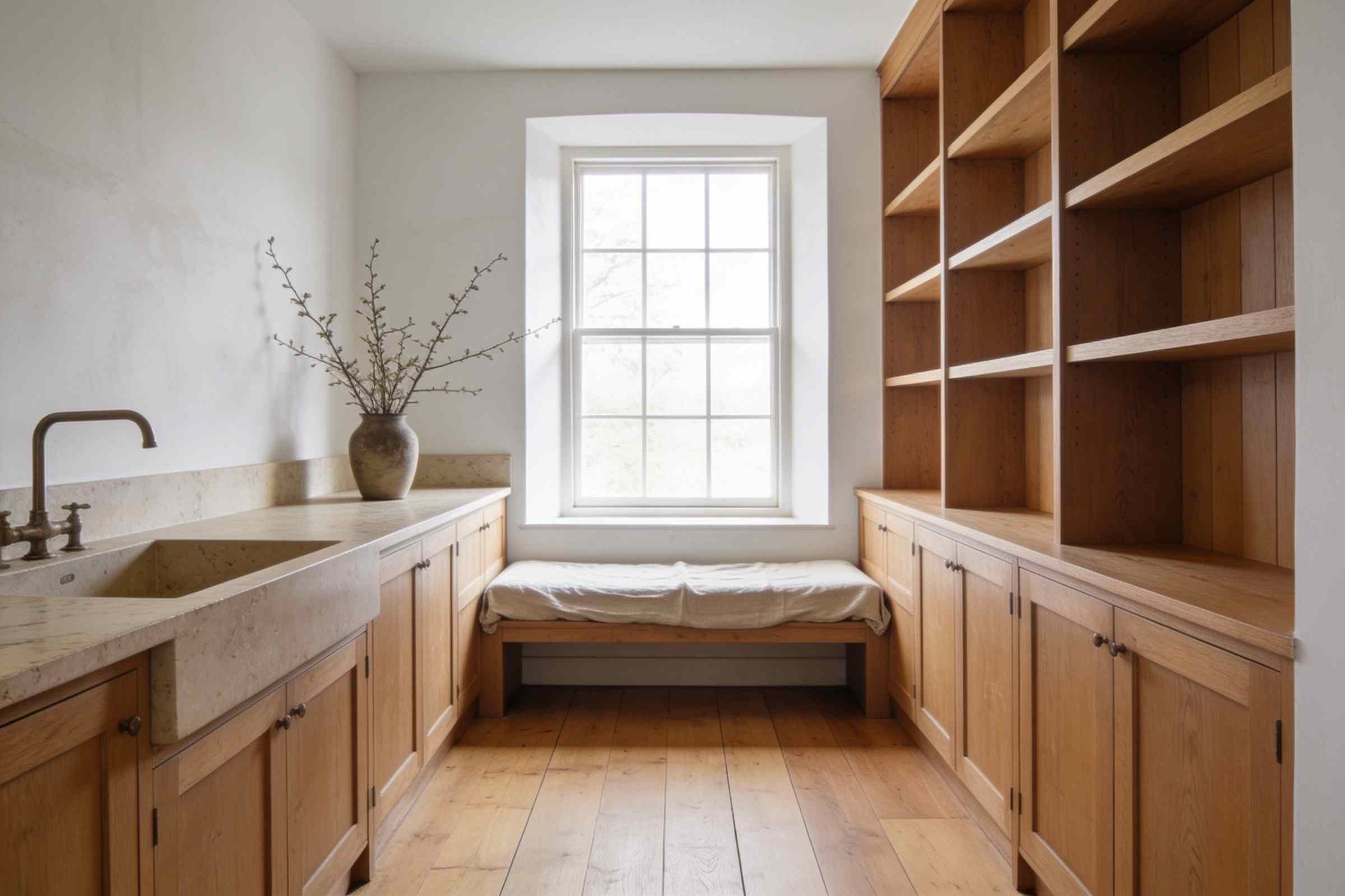 A calm kitchen of oak joinery, limewashed walls and a stone sink, with a linen bench under a tall window