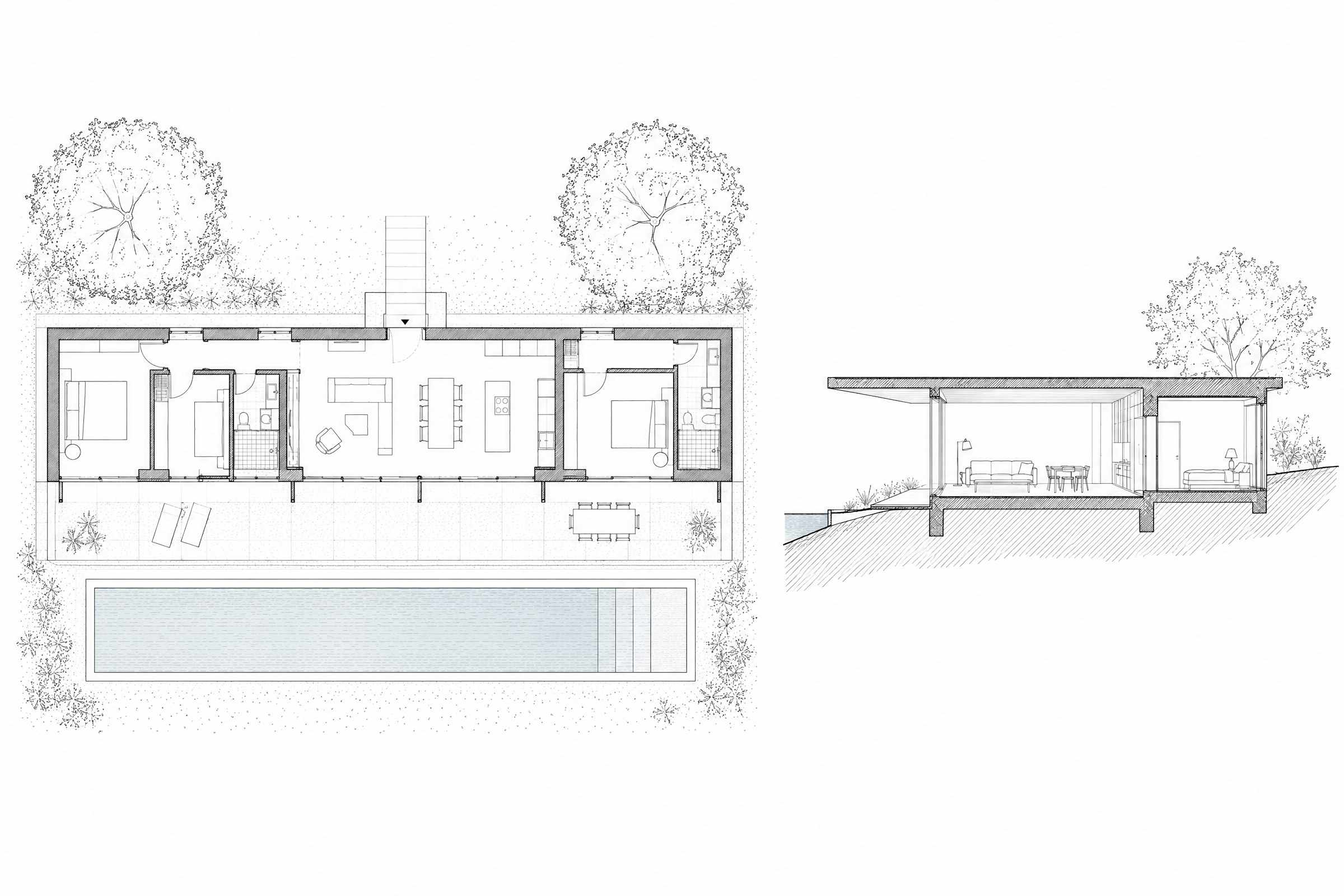 An ink plan of the long single-storey house with the pool in front and the two oaks, and a section through the deep roof overhang and the slope