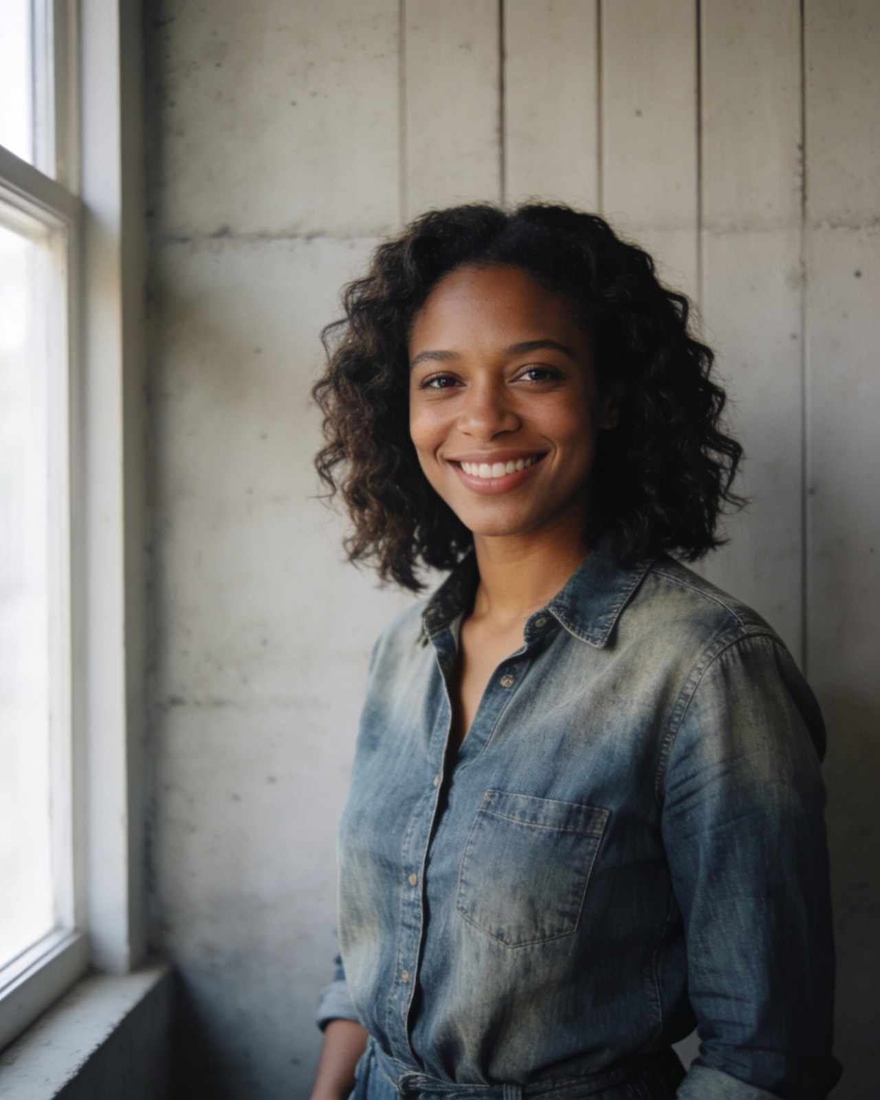 Mira Osei, a woman in her thirties with curly hair and a denim shirt, against a concrete wall