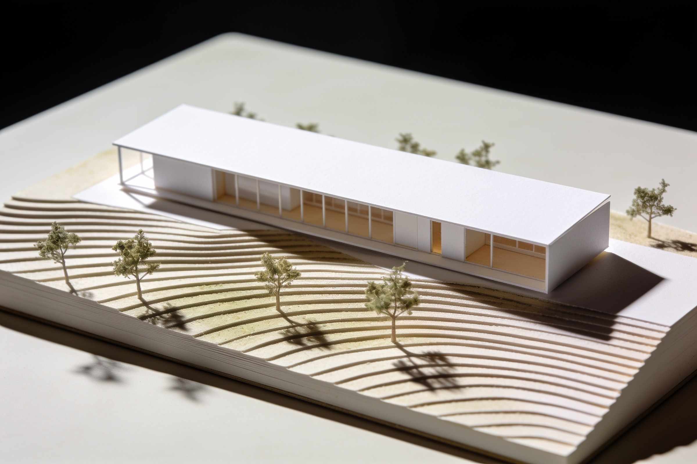 A white card model of a long low house set on a contoured model of a sloping site, in raking light