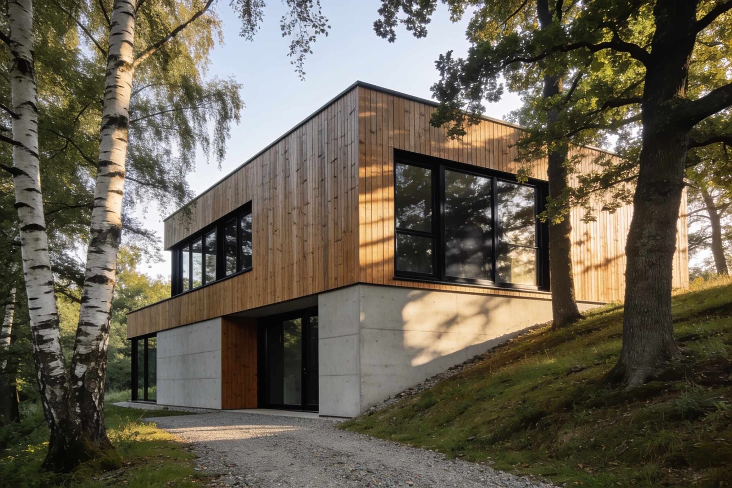 A new two-storey house of larch cladding over a board-marked concrete base, set into a wooded slope among birches and oaks
