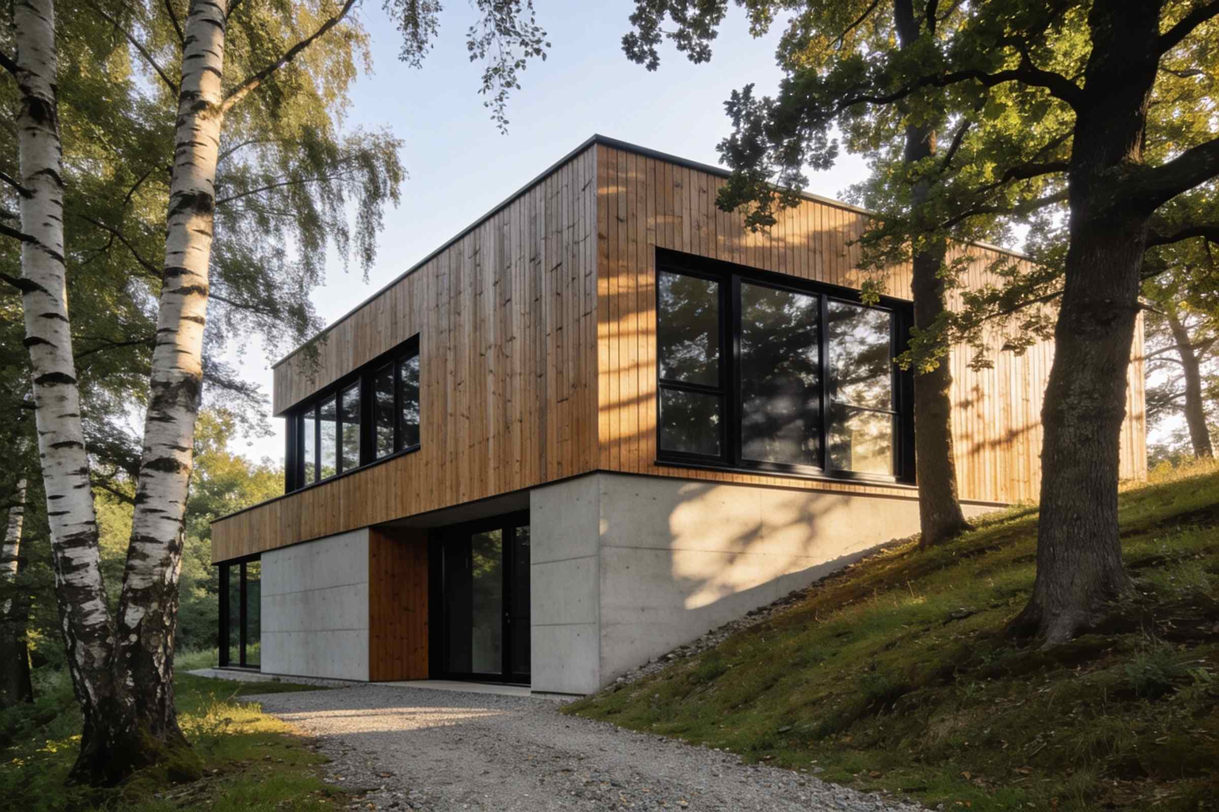 A new two-storey house of larch cladding over a board-marked concrete base, set into a wooded slope among birches and oaks