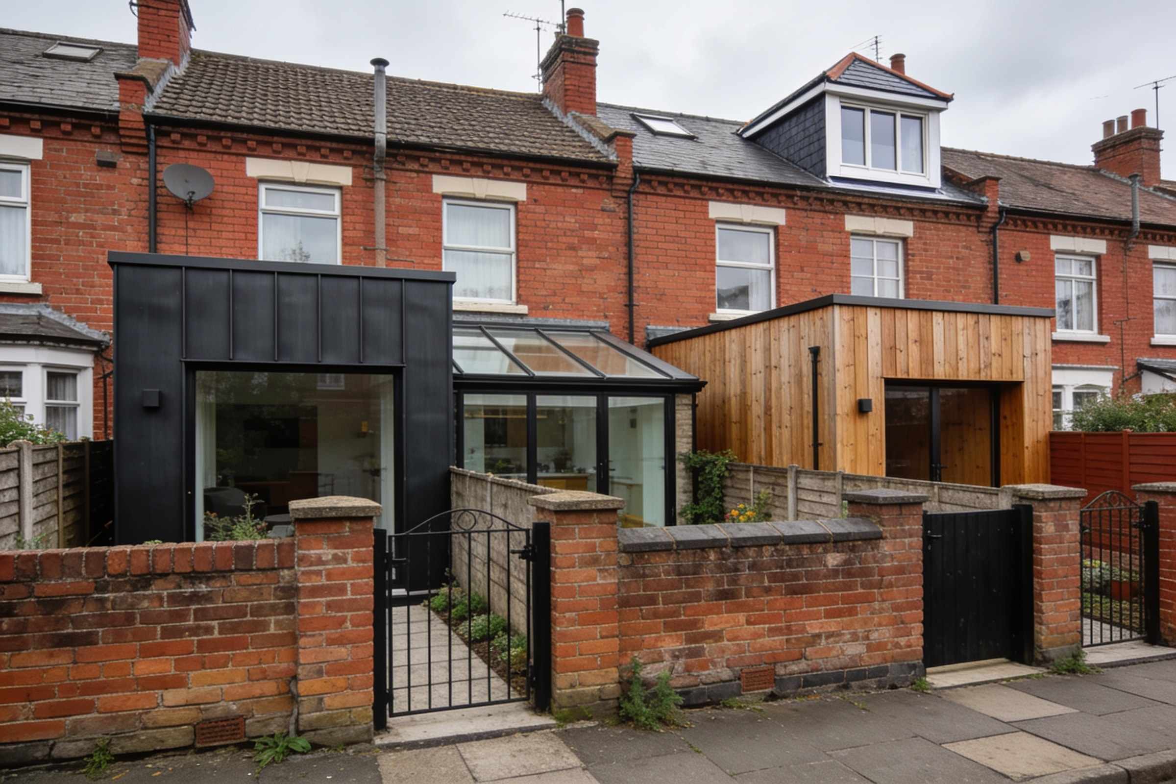 The backs of red-brick terraced houses, each with a different extension: a dark zinc box, a glazed lean-to, a timber-clad room, a dormer
