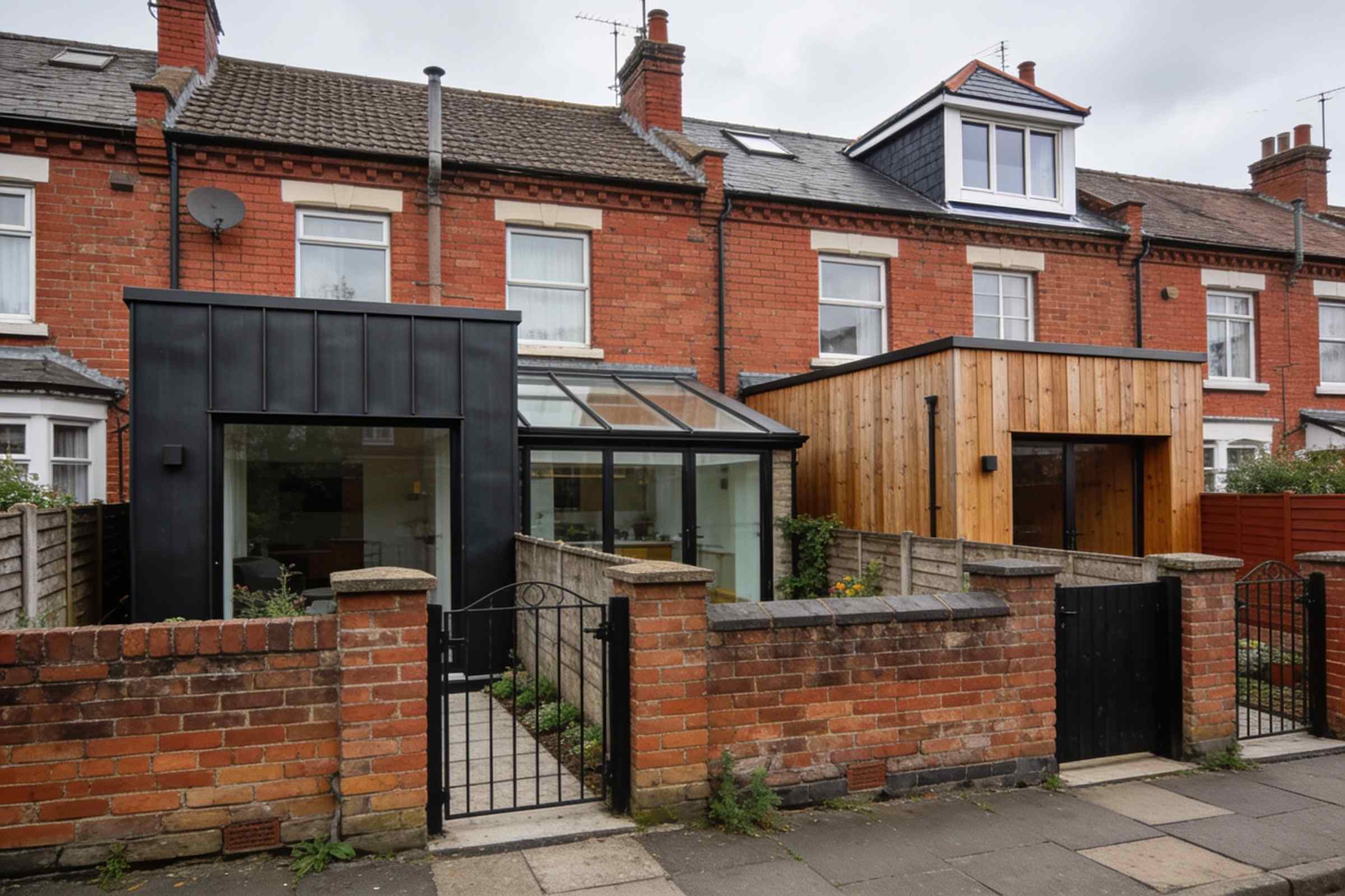 The backs of red-brick terraced houses, each with a different extension: a dark zinc box, a glazed lean-to, a timber-clad room, a dormer