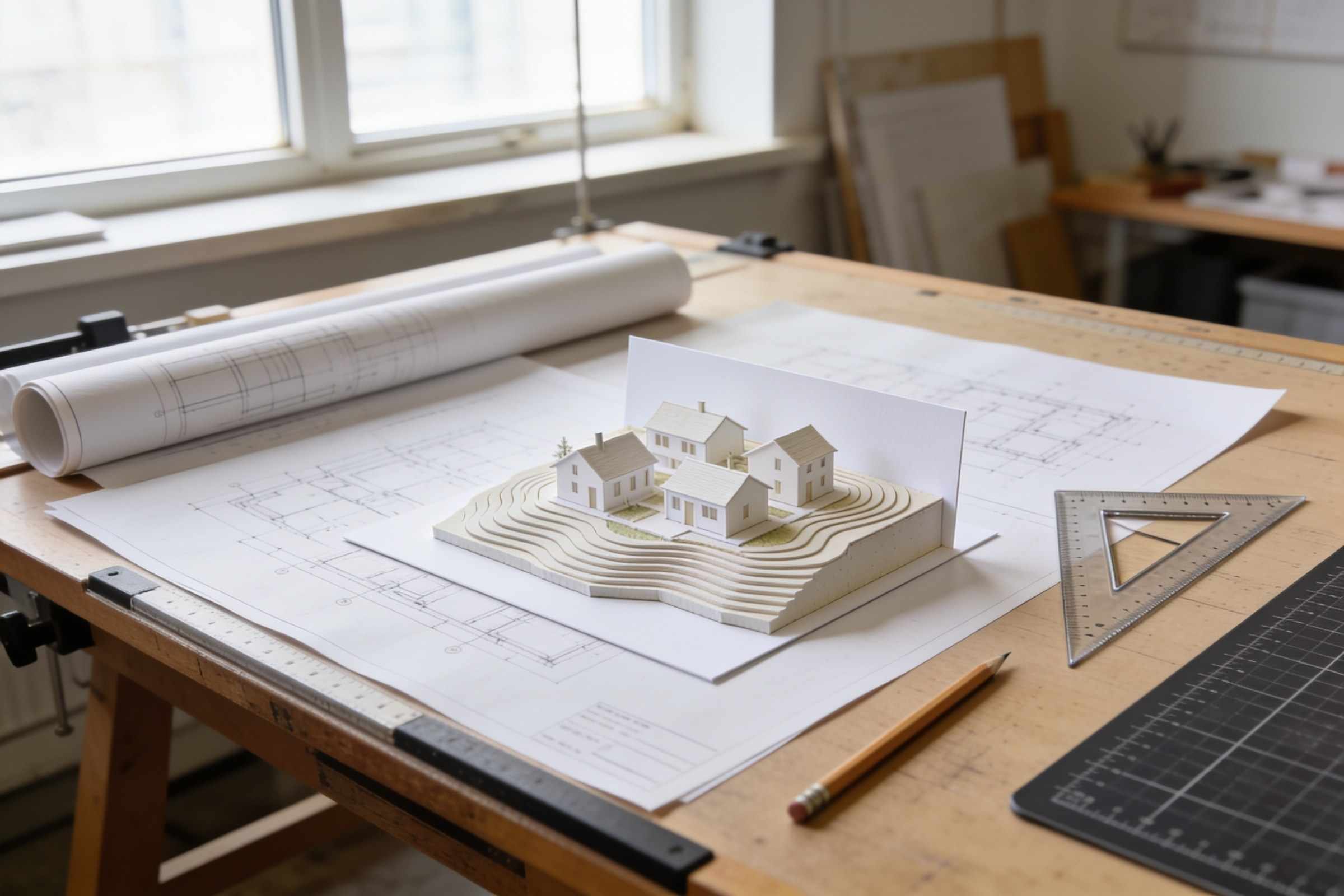 A white card site model of houses on a contour base, with drawings, a set square and a pencil on a drafting table