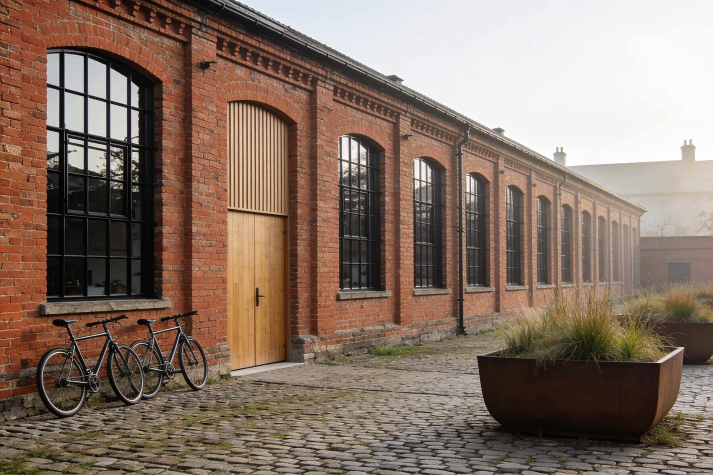 The studio: a long Victorian red-brick rope works with tall black steel windows, an oak door, bicycles and planters on a cobbled yard