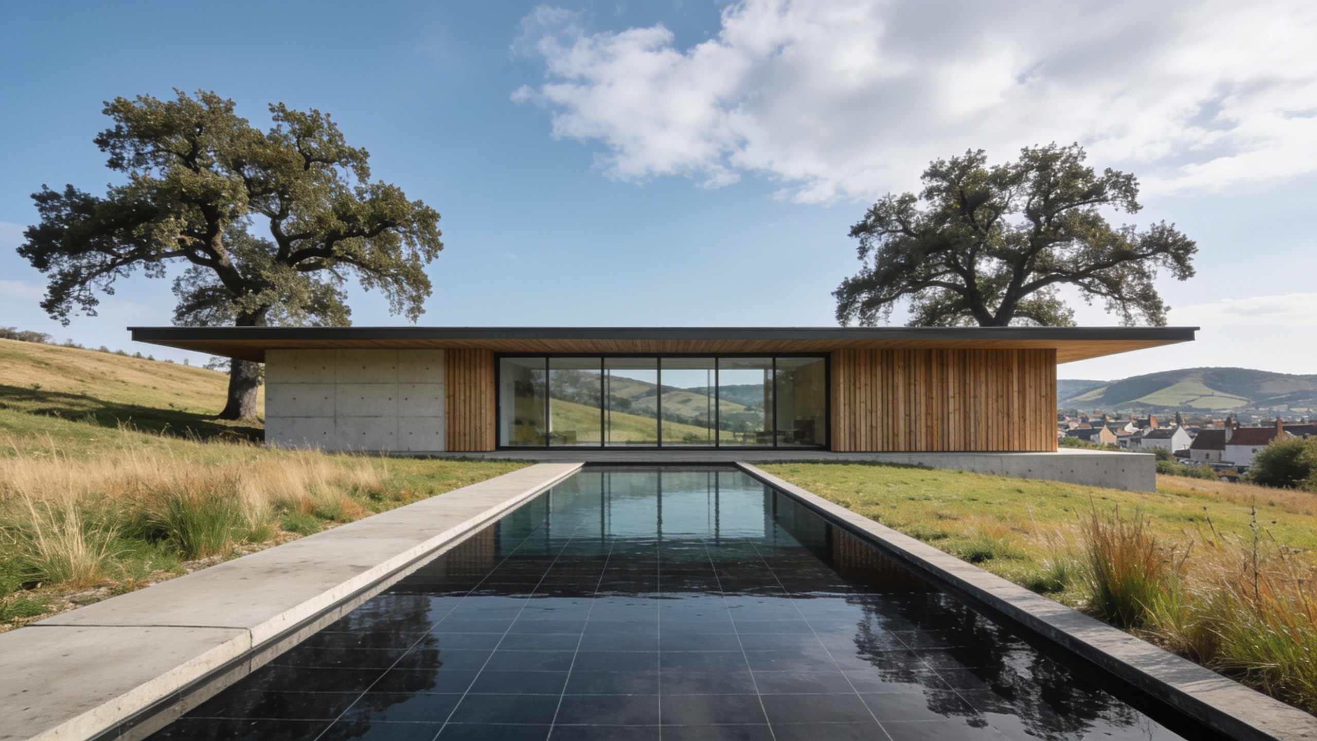 After: a long low house of concrete and timber with a wall of glass, a dark pool in front, between two oak trees in daylight