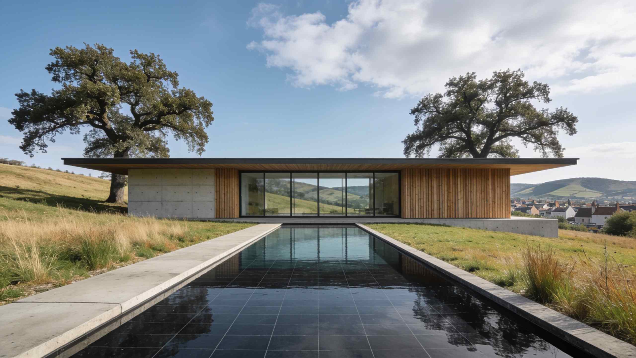 After: a long low house of concrete and timber with a wall of glass, a dark pool in front, between two oak trees in daylight