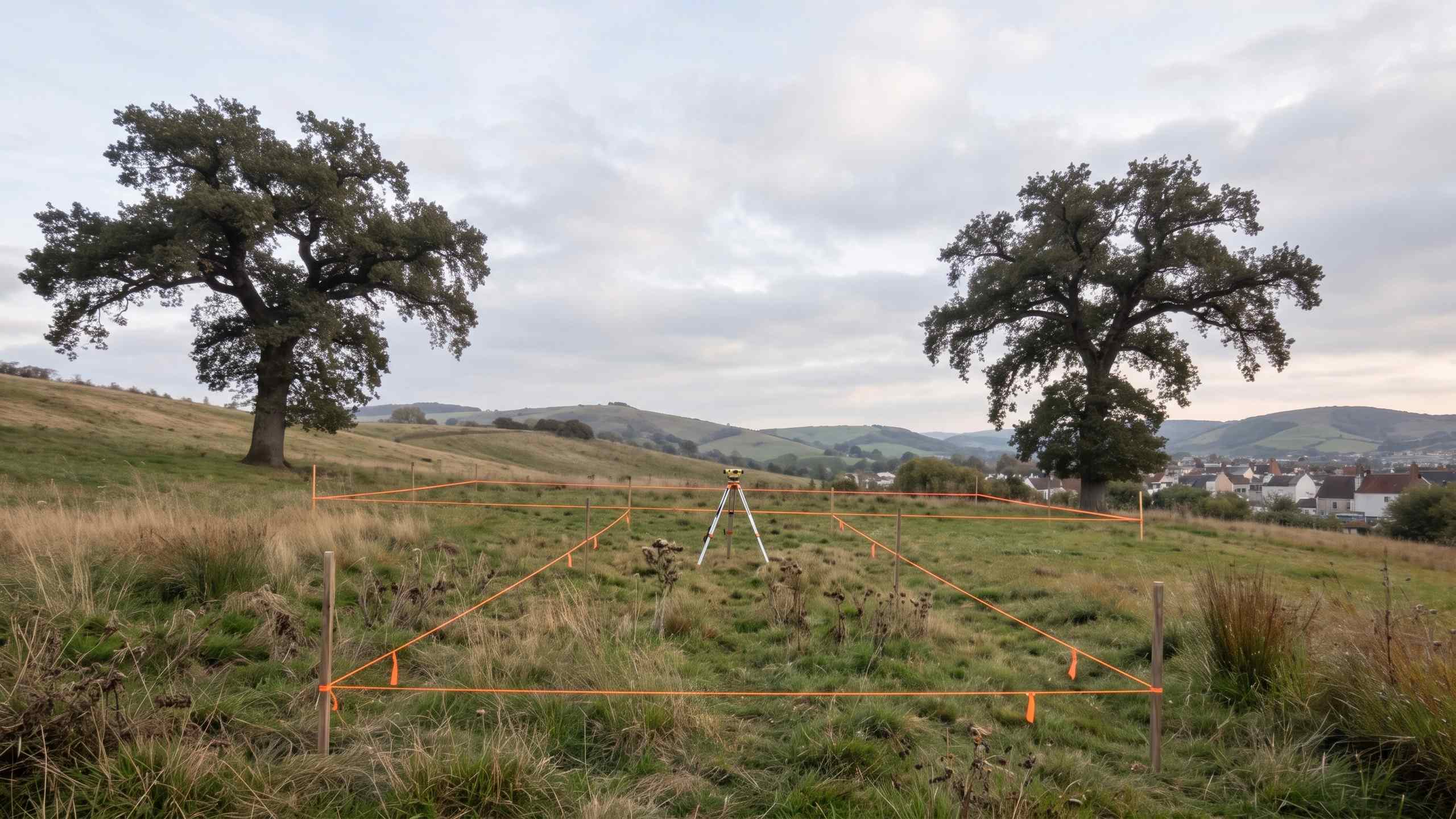 Before: an empty sloping meadow between two oak trees, with survey pegs and an orange string line marking out the house
