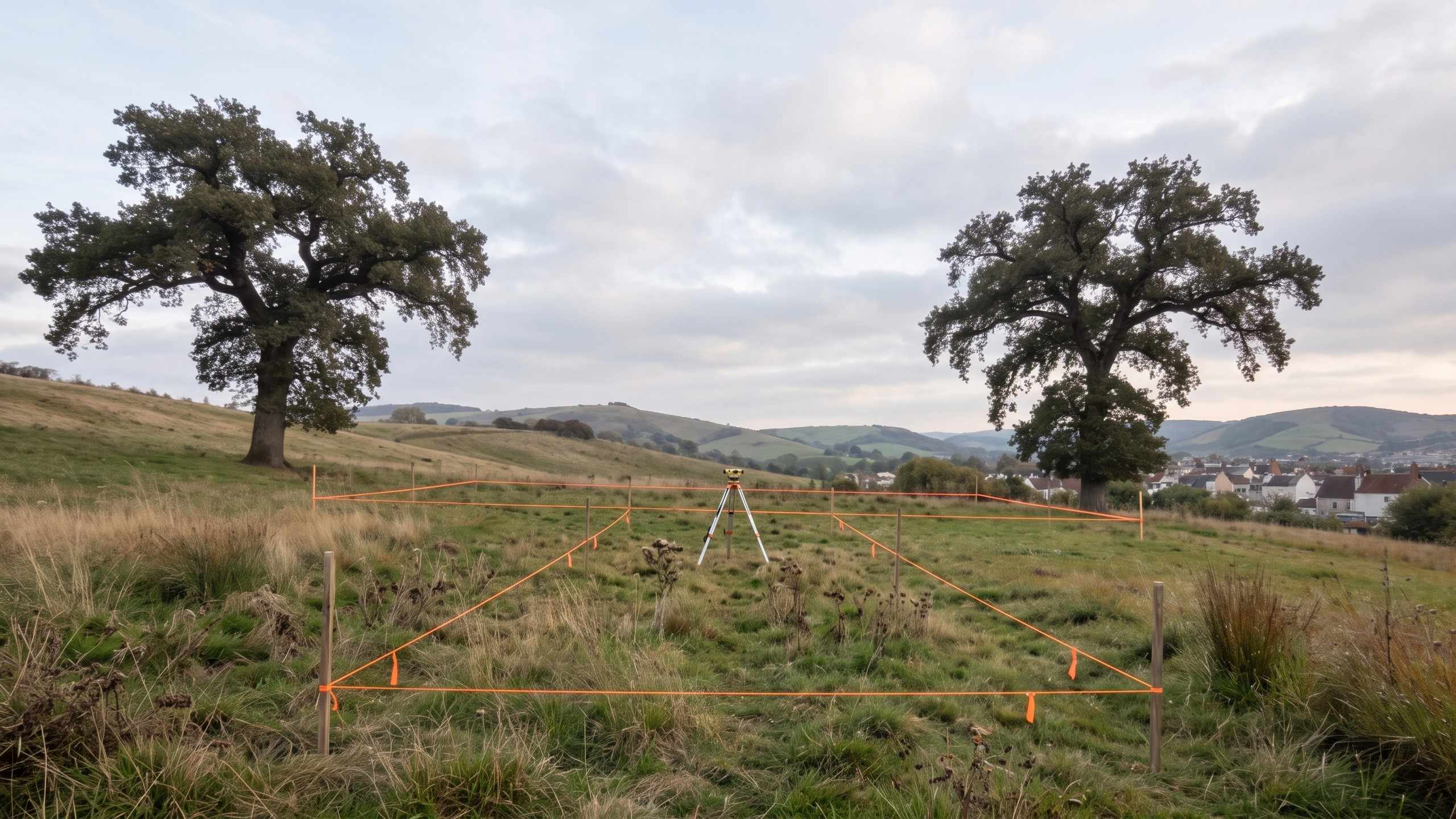 Before: an empty sloping meadow between two oak trees, with survey pegs and an orange string line marking out the house