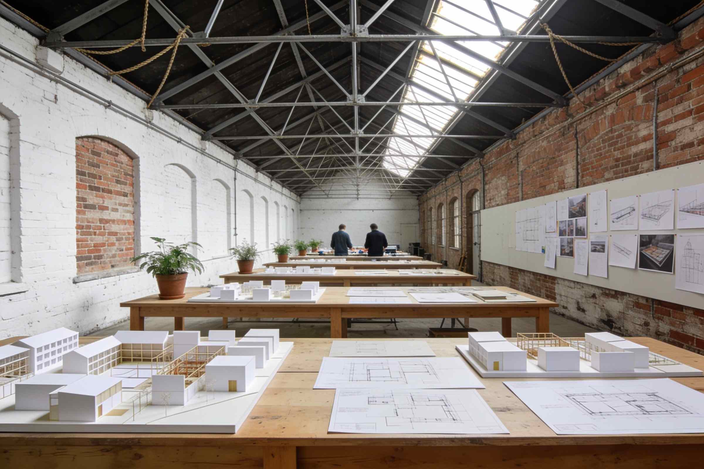 Inside the studio: a long whitewashed hall under steel trusses and roof lights, work tables with white models and drawings pinned up, two people working at the far end