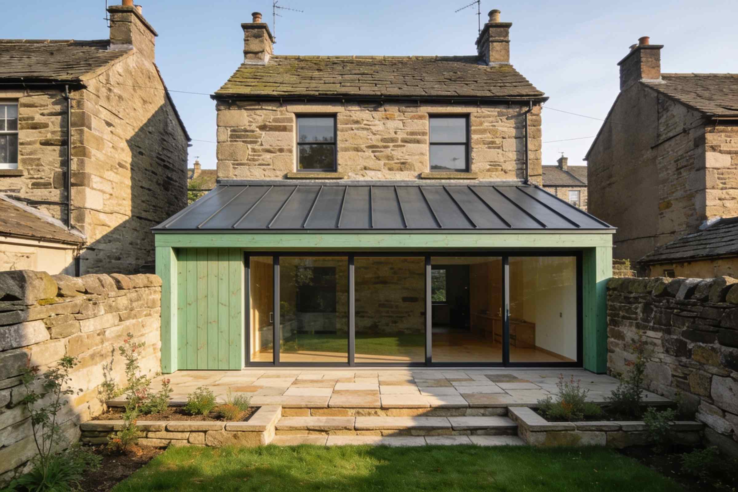 After: the stone cottage with a new oak-framed extension, a dark zinc roof and a full-width glass wall opening onto a stone terrace and lawn