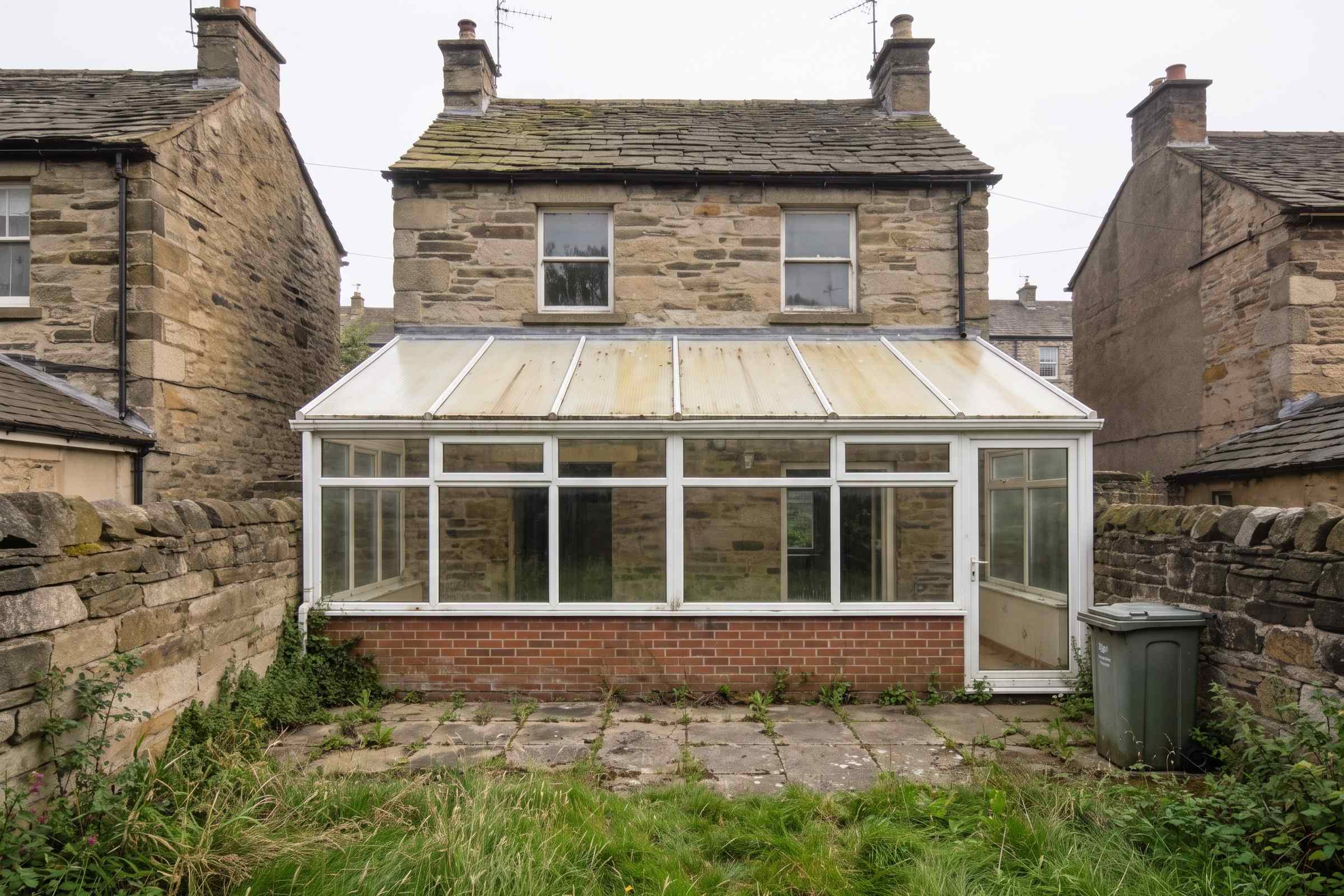 Before: the back of the stone cottage with a tired white plastic conservatory, cracked paving and an overgrown garden