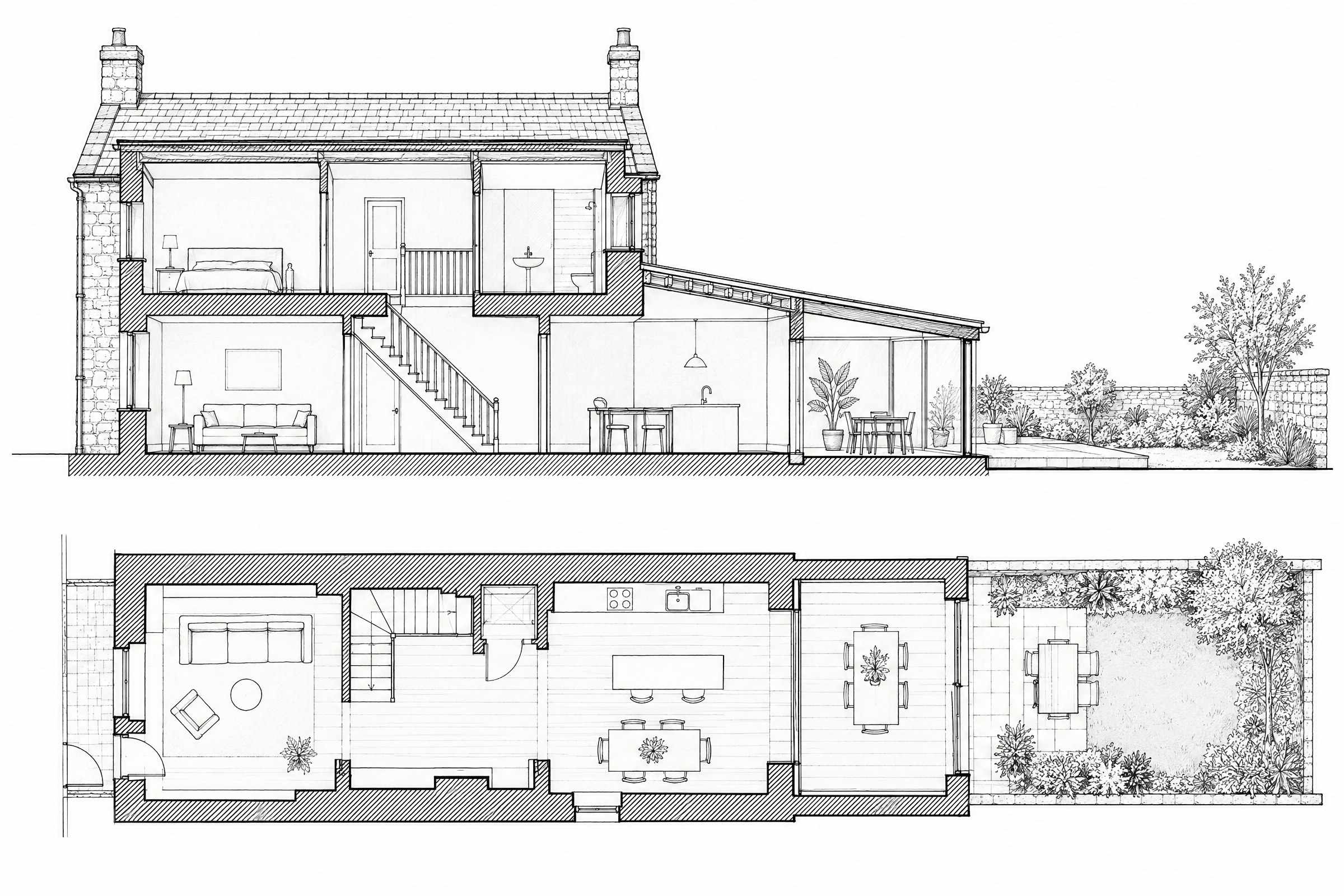 An ink section and ground floor plan of the narrow cottage and its rear extension opening to the garden