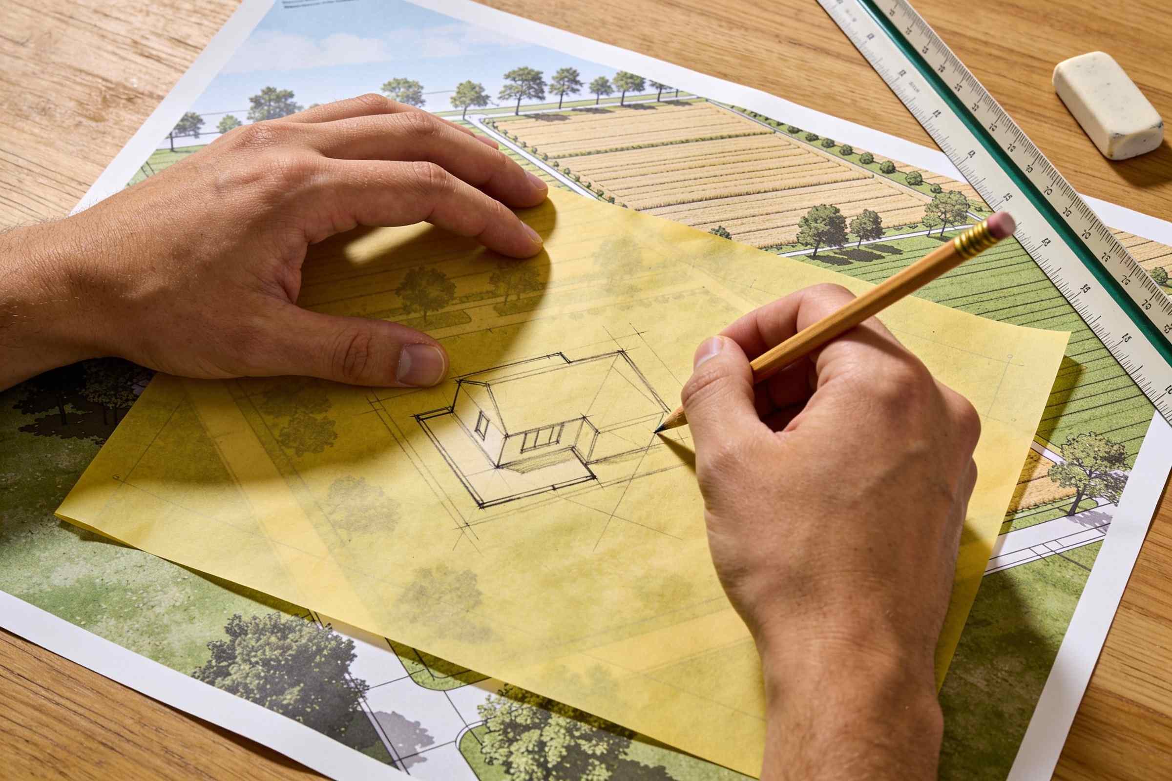Hands sketching a house footprint in pencil on yellow tracing paper laid over a site plan